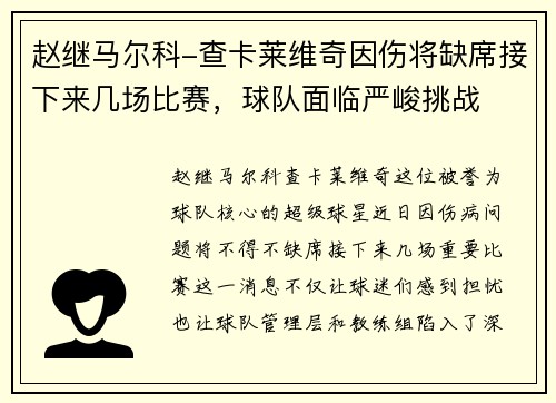 赵继马尔科-查卡莱维奇因伤将缺席接下来几场比赛，球队面临严峻挑战