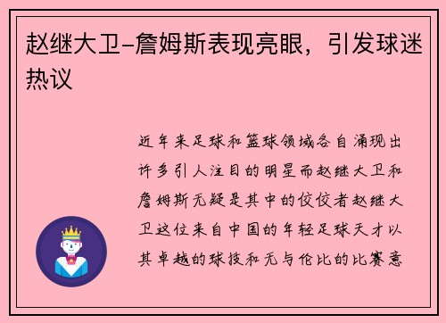 赵继大卫-詹姆斯表现亮眼，引发球迷热议